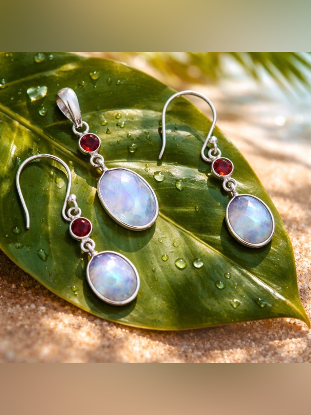 Moonstone & Garnet Necklace & Earring Set!
